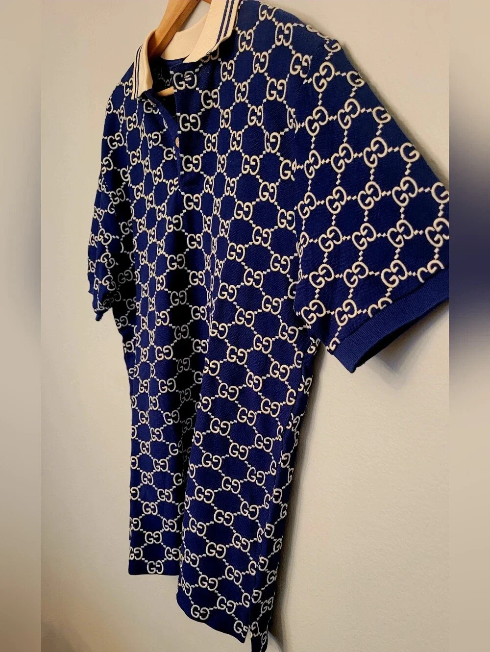 🇮🇹 Gucci Navy Blue GG 👕Jacquard Polo with Cream Collar🇮🇹